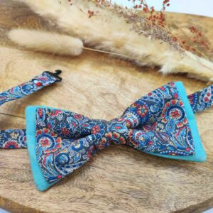 Nœud papillon liège bleu tissu paisley