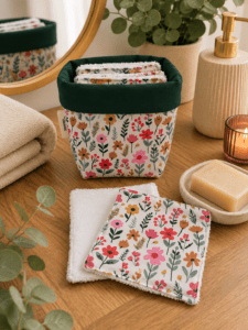 Panière avec 7 cotons démaquillants lavables en tissu collection Maddy.