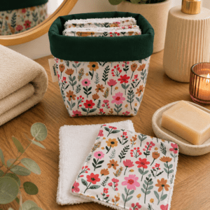 Panière avec 7 cotons démaquillants lavables en tissu collection Maddy.