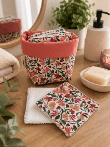 Panière en tissu avec 7 cotons lavables motif collection Yzée.