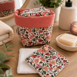 Panière en tissu avec 7 cotons lavables motif collection Yzée.
