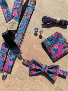 Collection mariage Liberty Ciara zoom avec nœud papillon, bretelles, pochette, boutons de manchette et lacets