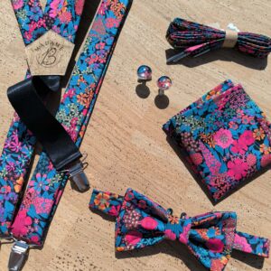 Collection mariage Liberty Ciara zoom avec nœud papillon, bretelles, pochette, boutons de manchette et lacets