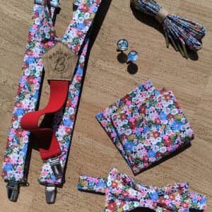 Collection mariage Liberty Libby zoom avec nœud papillon, bretelles, pochette, boutons de manchette et lacets