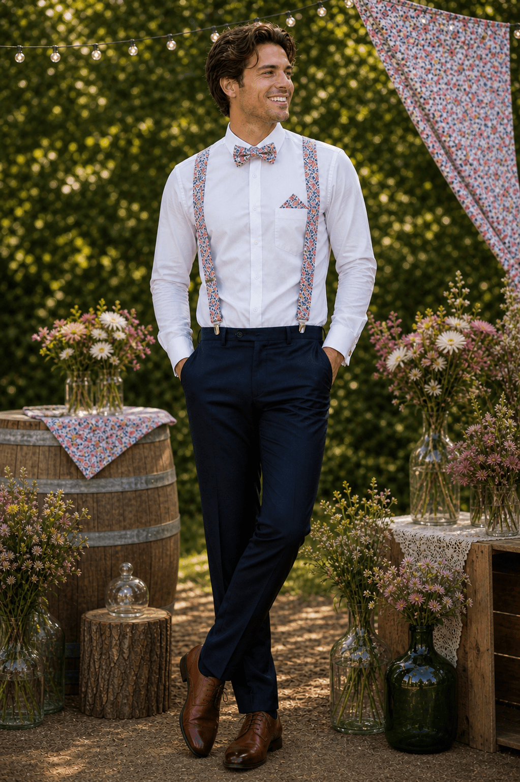 Accessoires mariage Liberty collection Libby portés avec nœud papillon, bretelles et pochette assortis