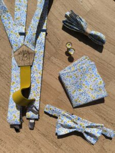 Collection mariage Liberty Phoebe d'été zoom avec nœud papillon, bretelles, pochette, boutons de manchette et lacets