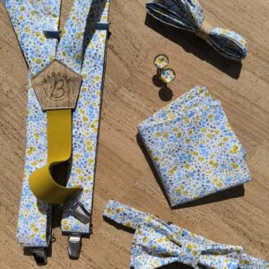 Collection mariage Liberty Phoebe d'été zoom avec nœud papillon, bretelles, pochette, boutons de manchette et lacets