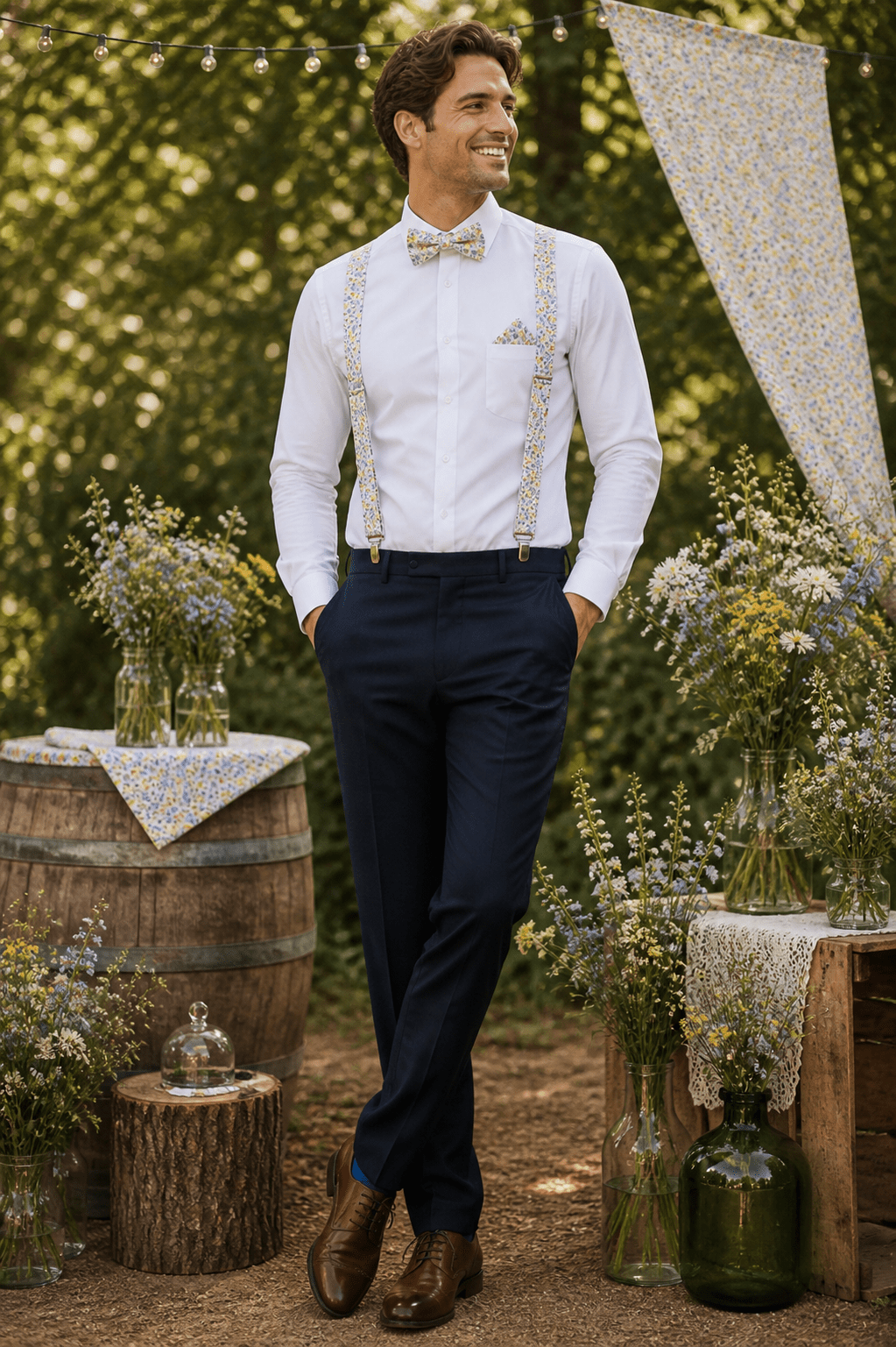 Accessoires mariage Liberty collection Phoebe d'été portés avec nœud papillon, bretelles et pochette assortis