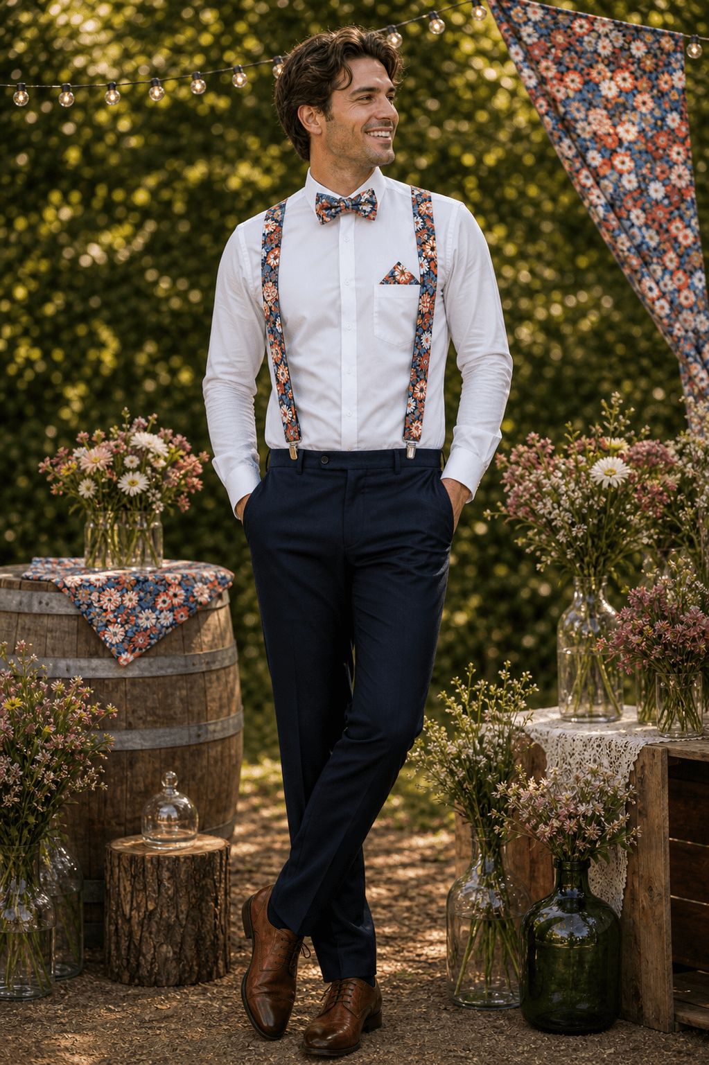 Accessoires mariage Liberty collection Thorpe rouille portés avec nœud papillon, bretelles et pochette assortis