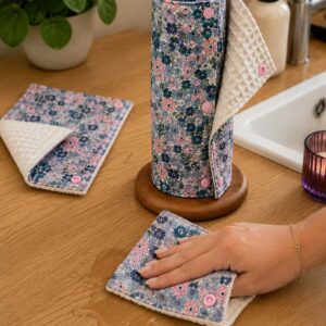 Rouleau d'essuie-tout lavable – collection églantine bleutée